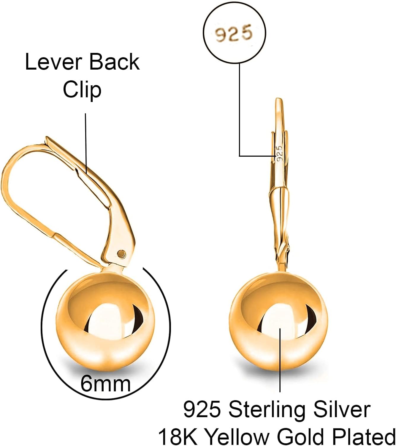 Savlano 925 Sterling Silver Classic Leverback Round Bead Ball Drop Earrings - 18K Gold Plated Bead Ball Earrings for Women Available in 6MM, 8MM, 10MM, 12MM - Made in Italy Comes With Savlano Gift Box - Image 3