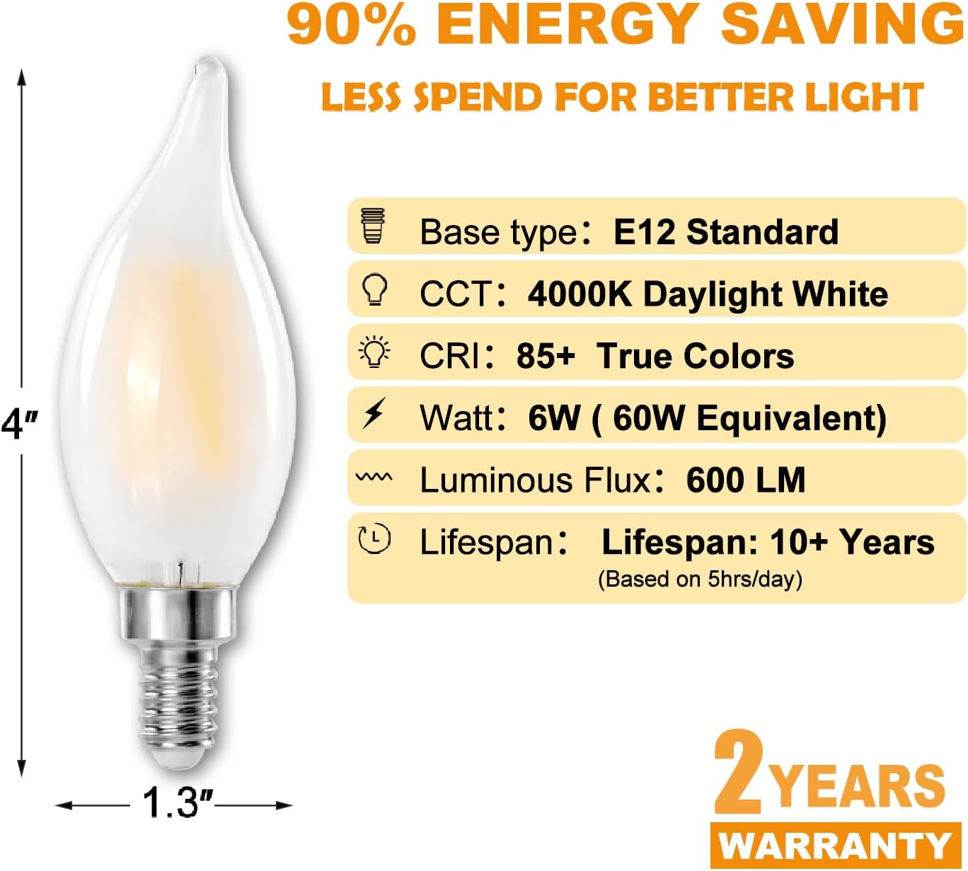 E12 C11 LED Candelabra Light Bulbs, 6W (60W Equivalent) Dimmable, Frosted Glass, 600 Lumens, 4000K Daylight White, Candle Shaped, Ideal for Chandelier & Open Fixtures, 6-Pack