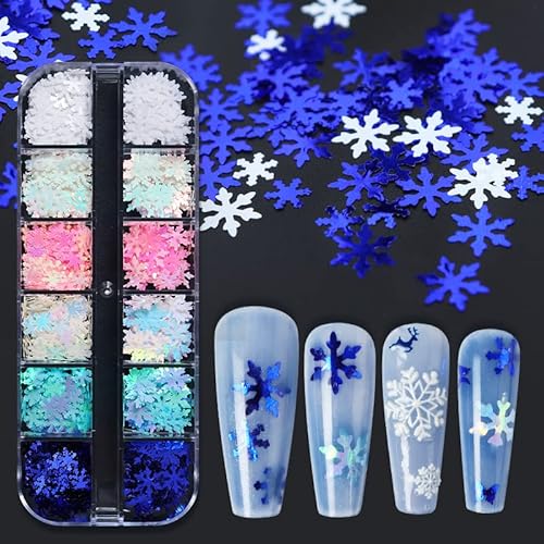 Abatare 12 Grids Christmas Nail Glitter Sequins, Christmas Snowflakes Designs Nail Accessories Decorations White Snowflake Nail Art Glitter Christmas Blue Pink Nail Glitter Powder Accessories Nail Decals thumb #5