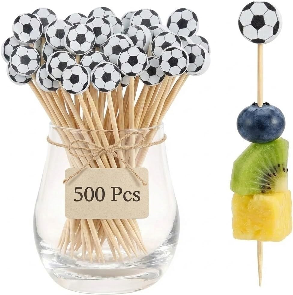 500 Pcs Soccer Bamboo Skewers, 4.7" Football Cocktail Picks, Decorative Appetizer Toppers for Soccer Themed Party, World Soccer Events & Game Day Supplies