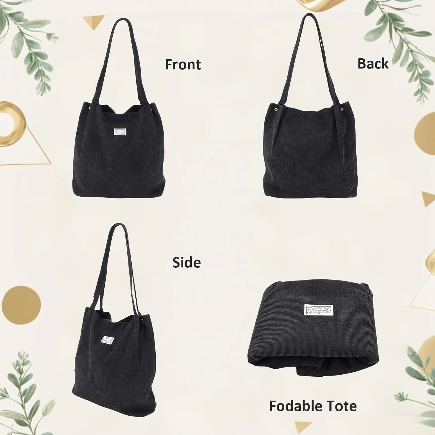 UERRUAM Corduroy Tote Bag for Women with Inner Pockets,Cute Go-to Bag for Everyday,Work,Lightweight,Washable,Portable - Image 3