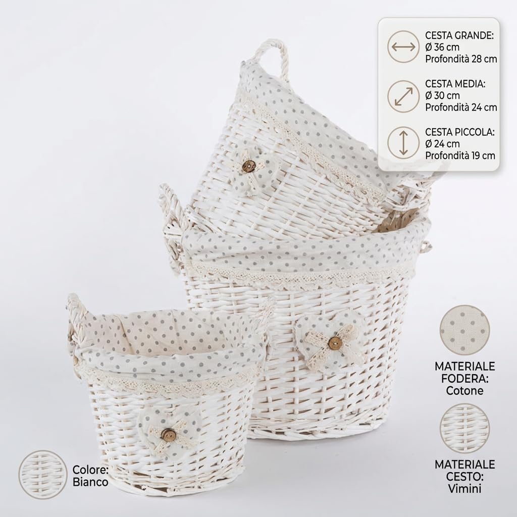 Set 3 Ceste in Vimini Naturale Foderate in Cotone Bianco Shabby Chic, Cestini Portaoggetti Intrecciati con Manici, Organizer Decorativi per Casa Soggiorno Camera da Letto Bagno