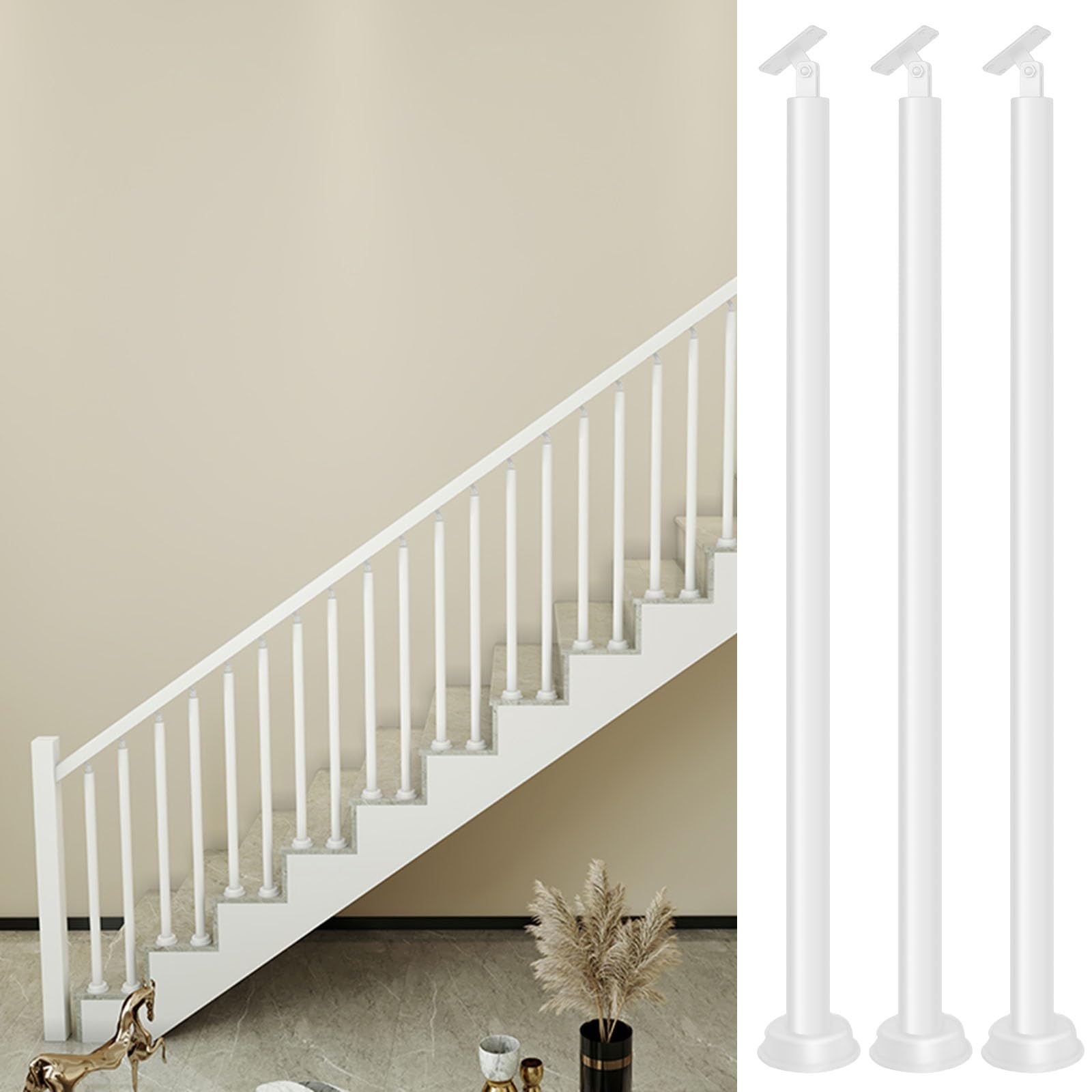 WLCGYD Stair Balusters Round White 1 2 3 5 Pack, Floor Mounted Staircase Spindles Post & Bannister Set With Adjustable Top Brackets for Wide Steps & Narrow Treads(3 pcs,28in/71.1cm)