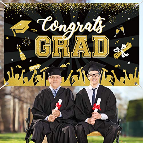 Black Gold Graduation Banner Backdrop Class of 2025 Graduation Party Decorations Supplies Congrats Grad Fabric Backdrop Background for High School College University Indoor Outdoor - Thumbnail 4
