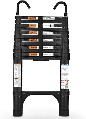 Soctone - Escalera telescópica, escalera de extensión ligera de aluminio de 12.5 pies con 2 estabilizadores triangulares y capacidad máxima de alta