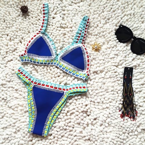 Bright Patchwork Hand Crocheted Beach Two Piece Swimsuit Low Waist Bikini Top and Thong Swimsuit Bottom2