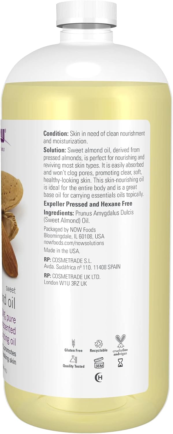 NOW Solutions, Sweet Almond Oil, 100% Pure Moisturizing Oil, Promotes Healthy-Looking Skin, Unscented Oil, 32-Ounce