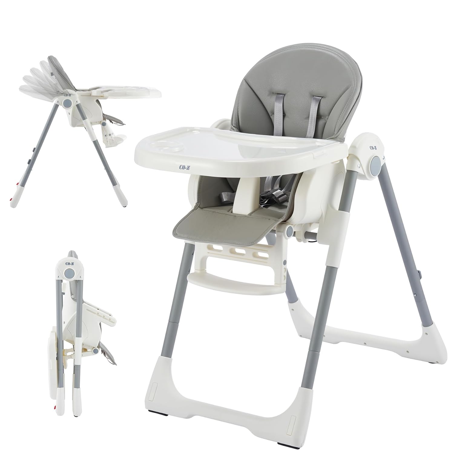 co-z portable high chair for babies and toddlers 6-36 months old, folding kids chair with adjustable backrest, footrest, tray, and seat height, detachable leather cushion, built-in rear wheels, gray