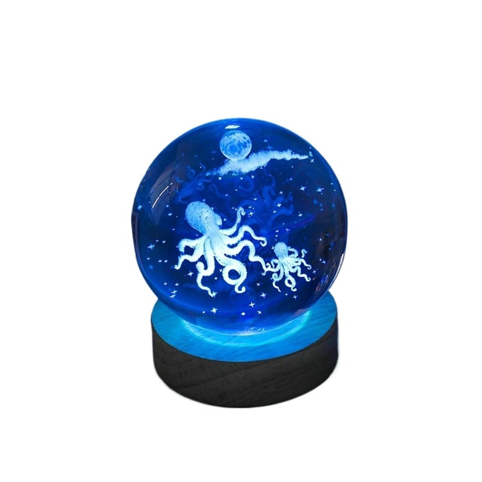 3D Crystal Ball Lamp with Wooden Base - Solar Night Light, Galaxy Crystal Ball Lamp with USB Port(Octopus,6cm)