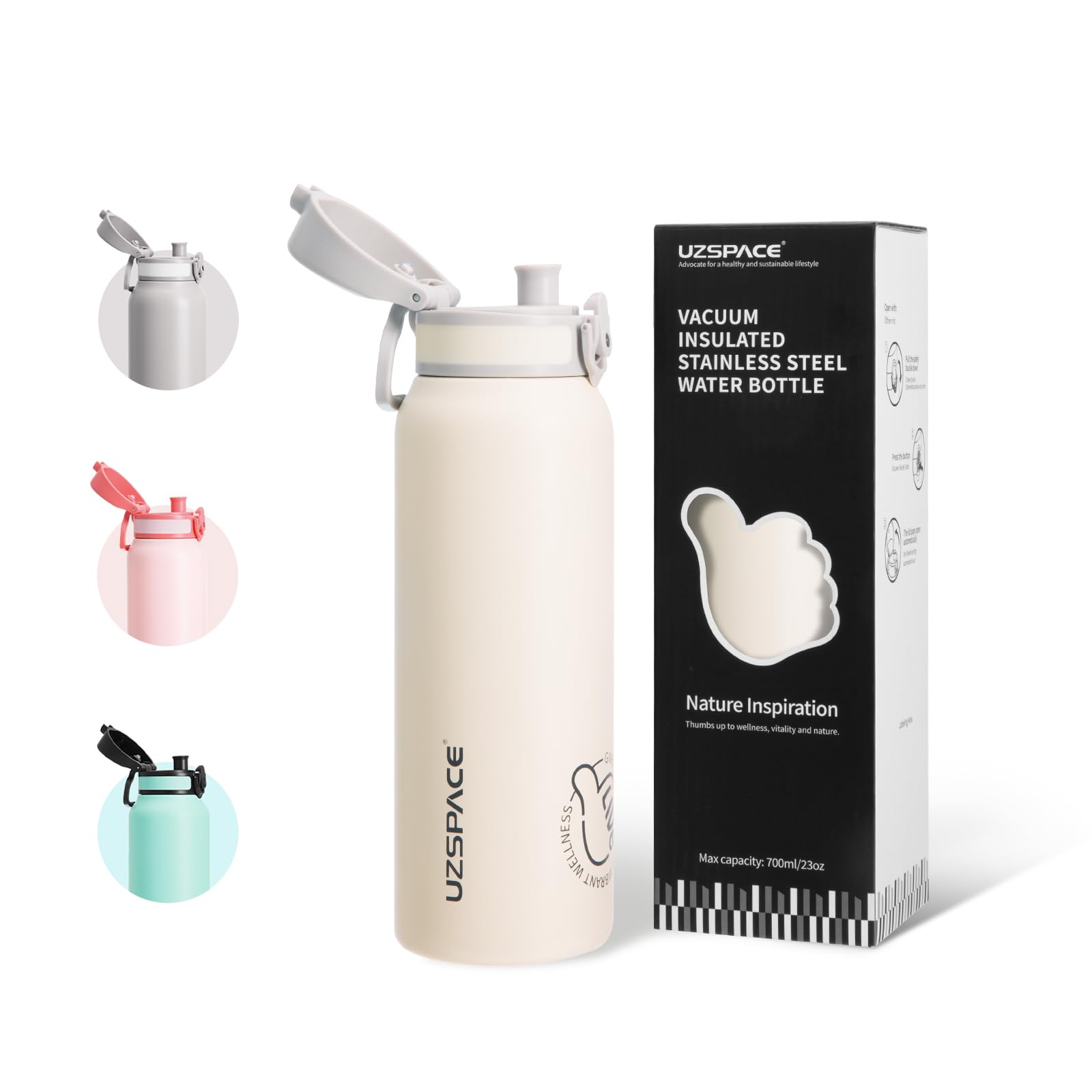UZSPACE Stainless Steel Water Bottle Kids 700ml with Handle - Double-Walled Insulated Water Bottles That Keep Drinks Cold & Hot - Leakproof Metal Bottle for School or Works & Sports Frost White