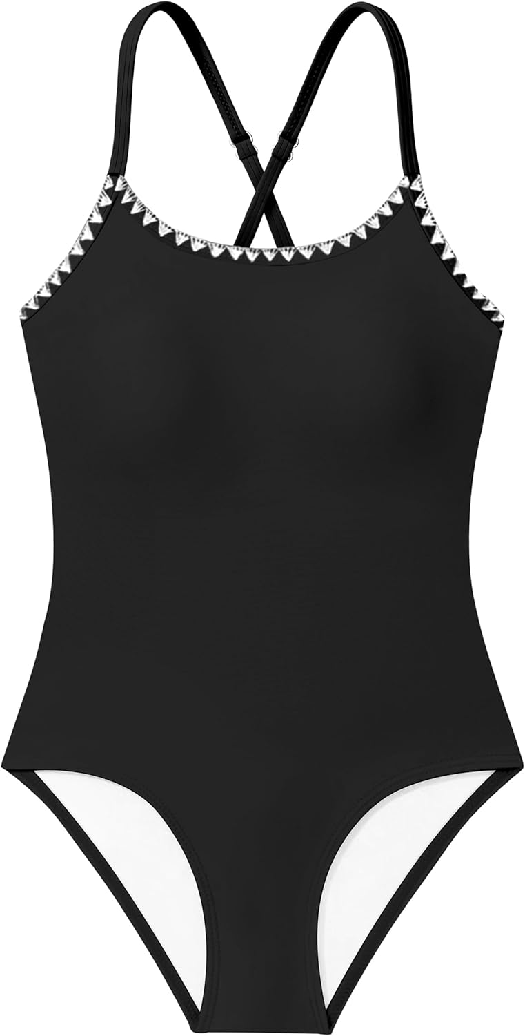 Girls Swimsuit One Piece Bathing Suit Crossed Back Straps Swimsuits Contrast Trim Girl Swimwear with Belt 9-16 Years