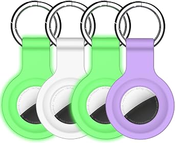 4 Pack Waterproof AirTag Holder Keychain, Shockproof Silicone Protector for Apple AirTag 2nd Gen 2026 & 1st Gen, Airtag Key Chain Ring Case Cover for Kids,Bags,Luggages 2 Glow Blue/White/Purple
