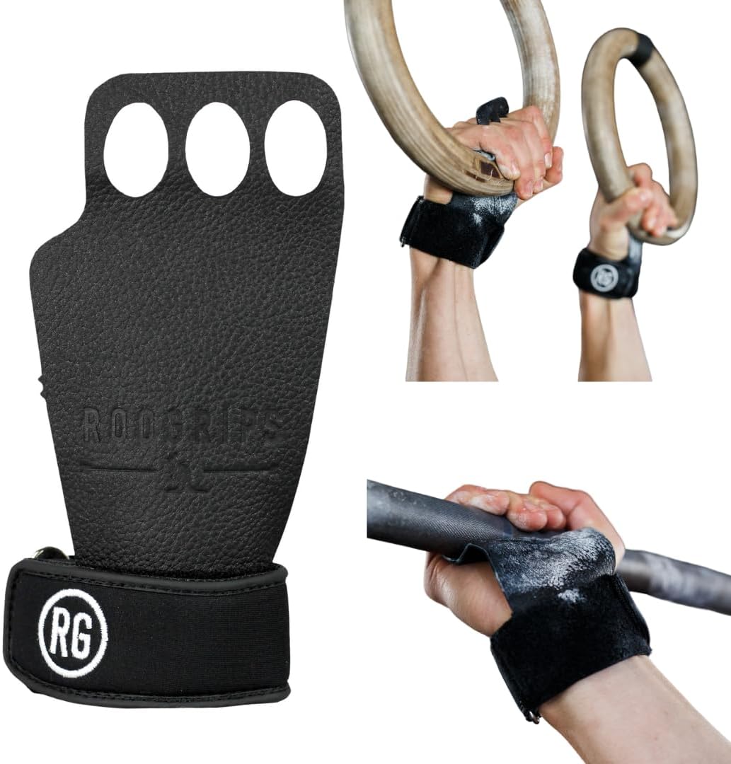 RooGrips 3 Finger Premium Leather Hand Grips for Gymnastic Bars, Cross Training, Gym & Home Workouts, Pull Up Bars & Weightlifting - The Most Durable Palm Guard from Rips and Blisters