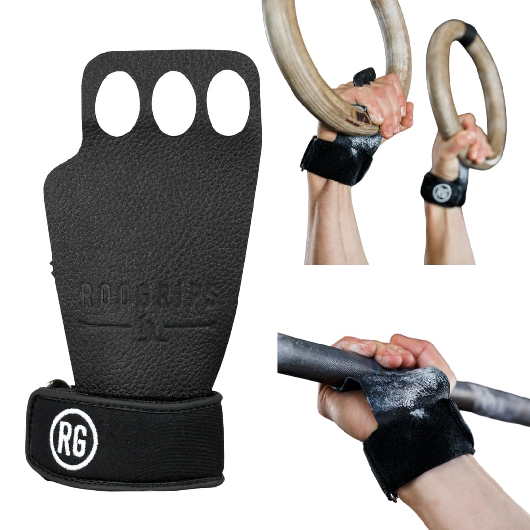 3 Finger Premium Leather Hand Grips for Gymnastic Bars, Cross Training, Gym & Home Workouts, Pull Up Bars & Weightlifting - The Most Durable Palm Guard from Rips and Blisters