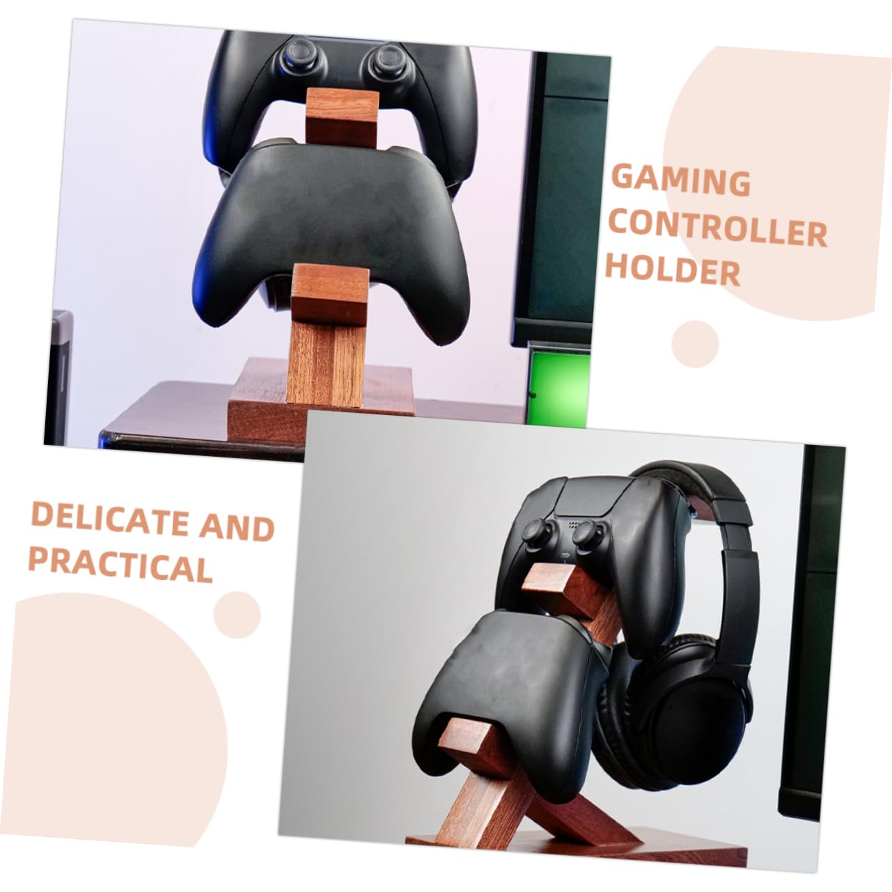 POPETPOP Supporto Design Semplice per Controller e Cuffie in Legno Marrone Organizer da Tavolo per Accessori Gaming per Area Intrattenimento