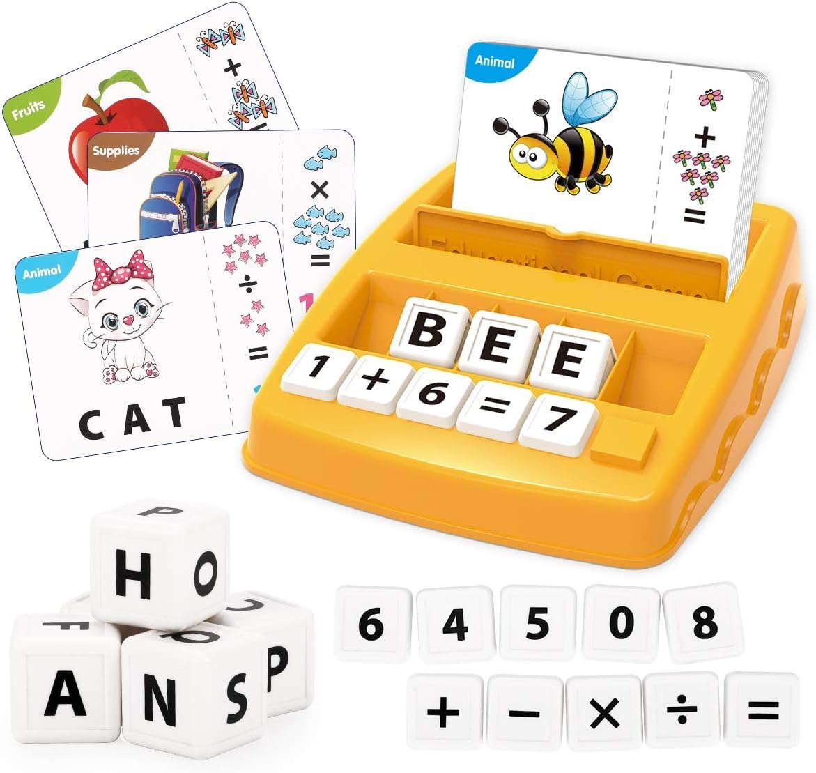 BeFunky Kids Educational Toy Matching Letter Game,Alphabet and Math Puzzle with Flash Cards,Board Game Learn Numbers Spelling Words,Gifts for 3-9 Year Old Boys Girls (Yellow, Standard)