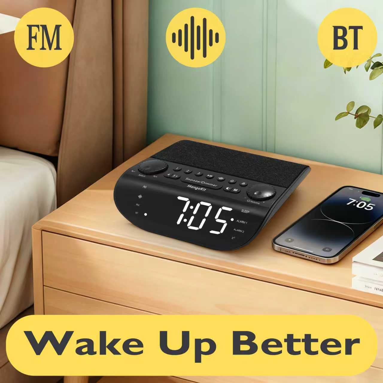 UP-Max Radiowecker mit Bluetooth und UKW Radio – Extra Lauter 90dB Wecker für Tiefschläfer, Dual-Alarm, Snooze, Weißes Rauschen, Stereo-Lautsprecher, Großes Dimmbares Display
