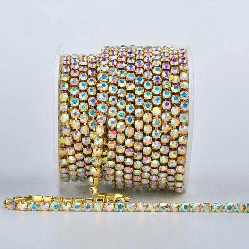 9,1 m Crystal AB Strasssteine, geschlossene Kette, durchsichtiger Rand, zum Nähen, silberne Basis, Cup-Kette, Strass-Glassteine zum Aufnähen, Strasssteine,