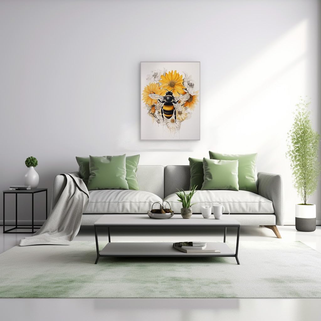 Canvas for Living room. Buzz of Life: The Enchanted Garden of Yellow and White Flowers, 27 x 18 inch Canvas Wall Art - Ready to Hang