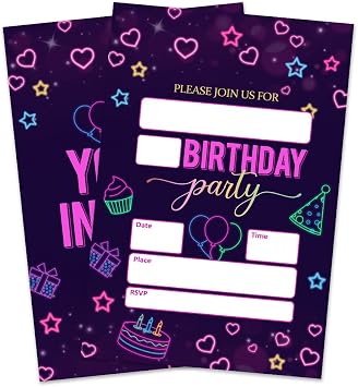 Birthday Invitation Cards - neon hearts - 4"X6"Double-Sided Fill-In Style Invitation Cards With 20 Envelopes, lazer,girl,Party Favors & Supplies20 Pcs - B18