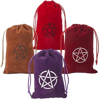 CREATCABIN 4Pcs 4Colors Tarot Cards Bags Velvet Drawstrings Bags Dice Tarot Cards Holder Pouches Pentagram Tarot Jewelry Storage Bag Wrap for Altar Enthusiasts Crystals Dices Witchcraft 4.5x7Inch