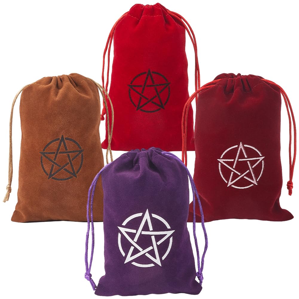 CREATCABIN 4Pcs 4Colors Tarot Cards Bags Velvet Drawstrings Bags Dice Tarot Cards Holder Pouches Pentagram Tarot Jewelry Storage Bag Wrap for Altar Enthusiasts Crystals Dices Witchcraft 4.5x7Inch