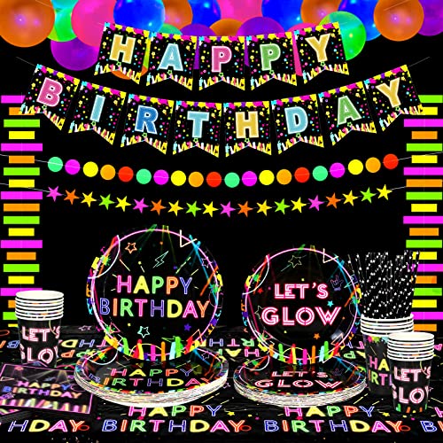 Lilwemen Décorations de fête phosphorescentes - Bannière Joyeux Anniversaire, Ballon néon, Assiettes, Serviettes, gobelet pour lumière Noire UV, pour 20 Personnes (A) Cover