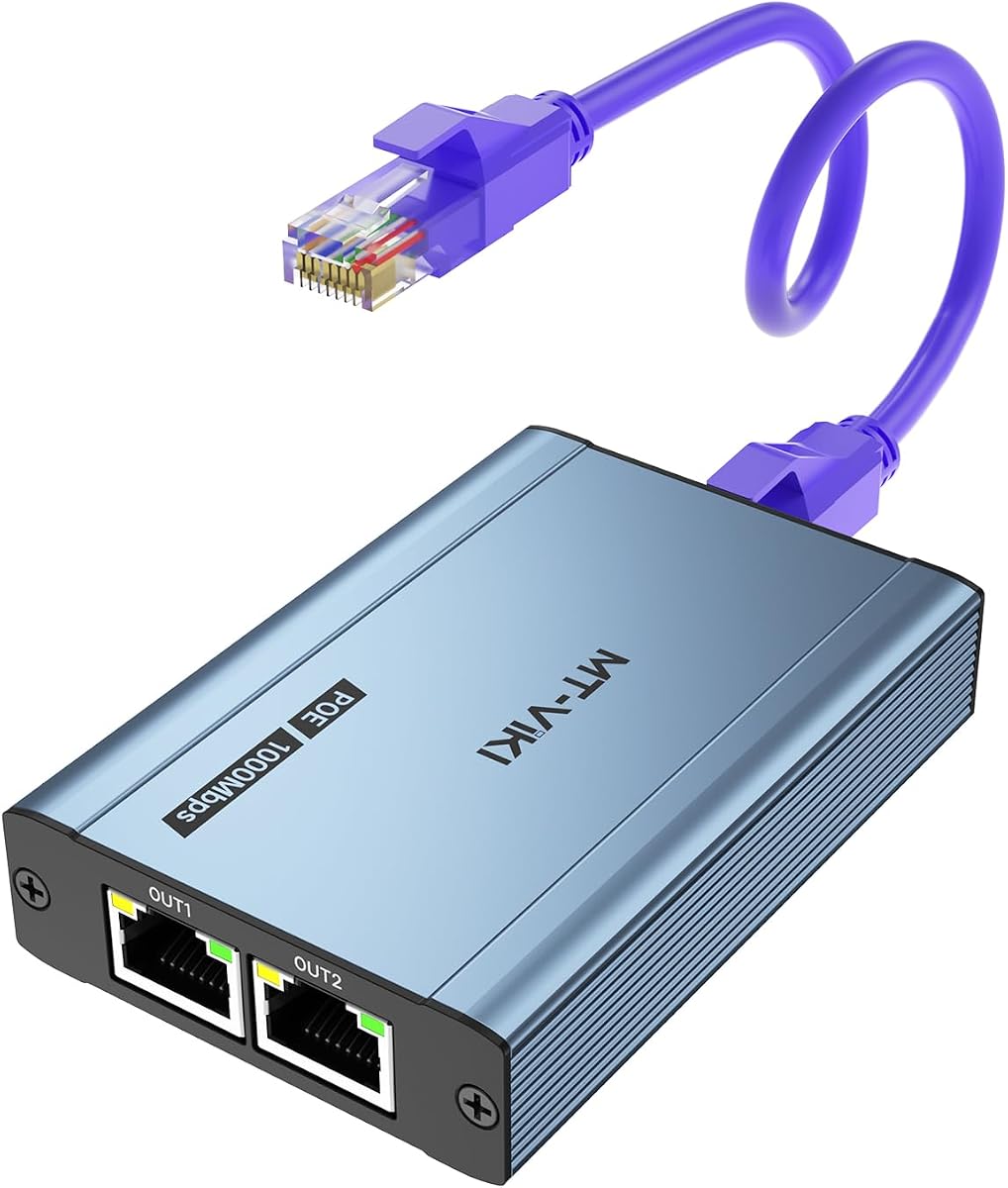 MT-VIKI Upgraded 1 to 2 1000Mbps Ethernet Splitter, No Power Supply Required, Dual RJ45 Splitter for Cat5e/6/7/8 Cable, Works with POE IP Camera, POE Switch and More