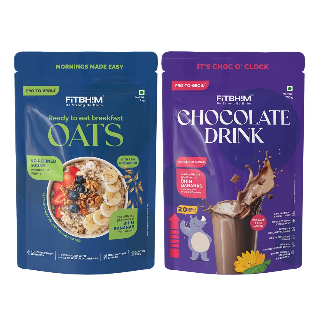 Pro-To-Grow Fitbhim Ready to Eat Jaggery Oats (1kg) + Chocolate Drink (750g) Combo for Kids & Adults | Gluten-Free Breakfast | Enriched with Bhim Banana & No Refined Sugar (Pack of 2)-image-47