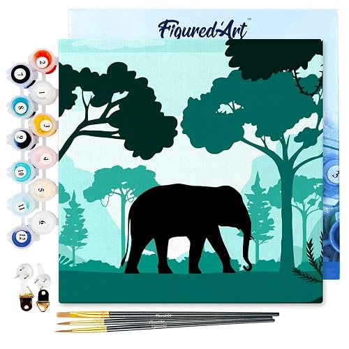 Figured'Art Mini Pintar por Números 20x20cm con marco para Adultos Elefante en el bosque verde