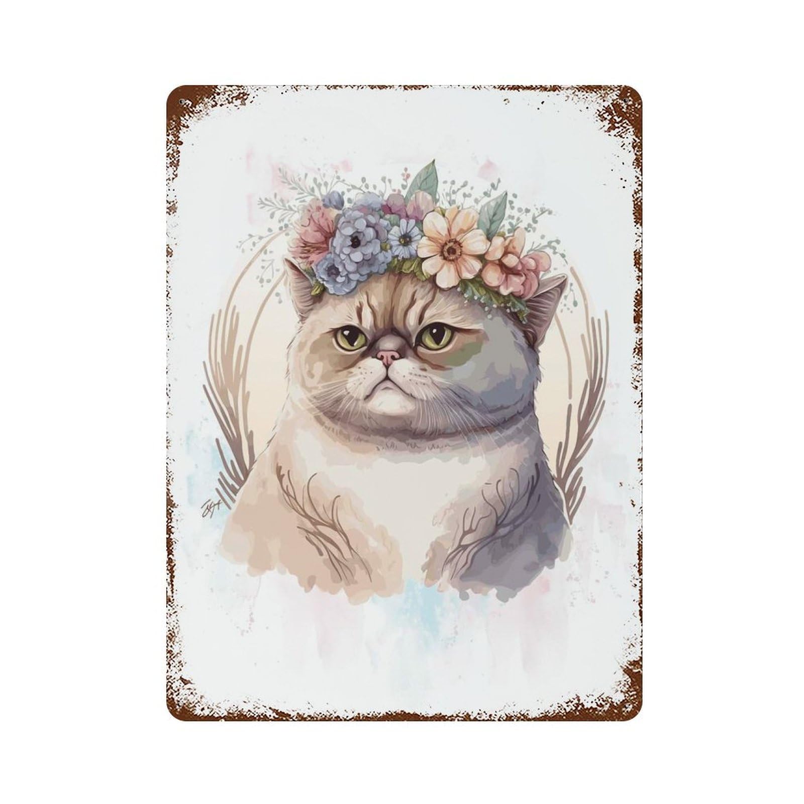 Rust Effect Exotic Shorthair Plant Cat Rustic Tin Plaque 15.7"x11.8", Industrial Home Decor for Bistro, Counter And Cafe Decor