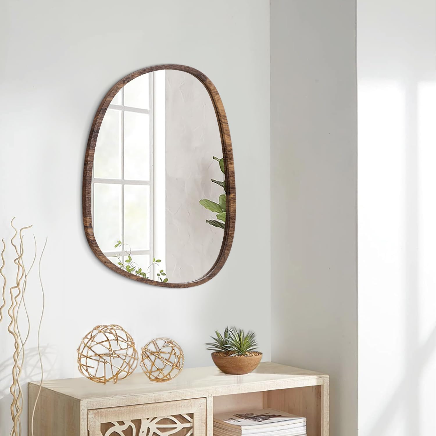 Irregular Wall Mirror Asymmetrical Wood Mirrors Small Framed Oval Wall Mirror Unique Shape Artistic Mirrors for Bedroom Bathroom Vanity Living Room Entryway Hallway Wall Decor