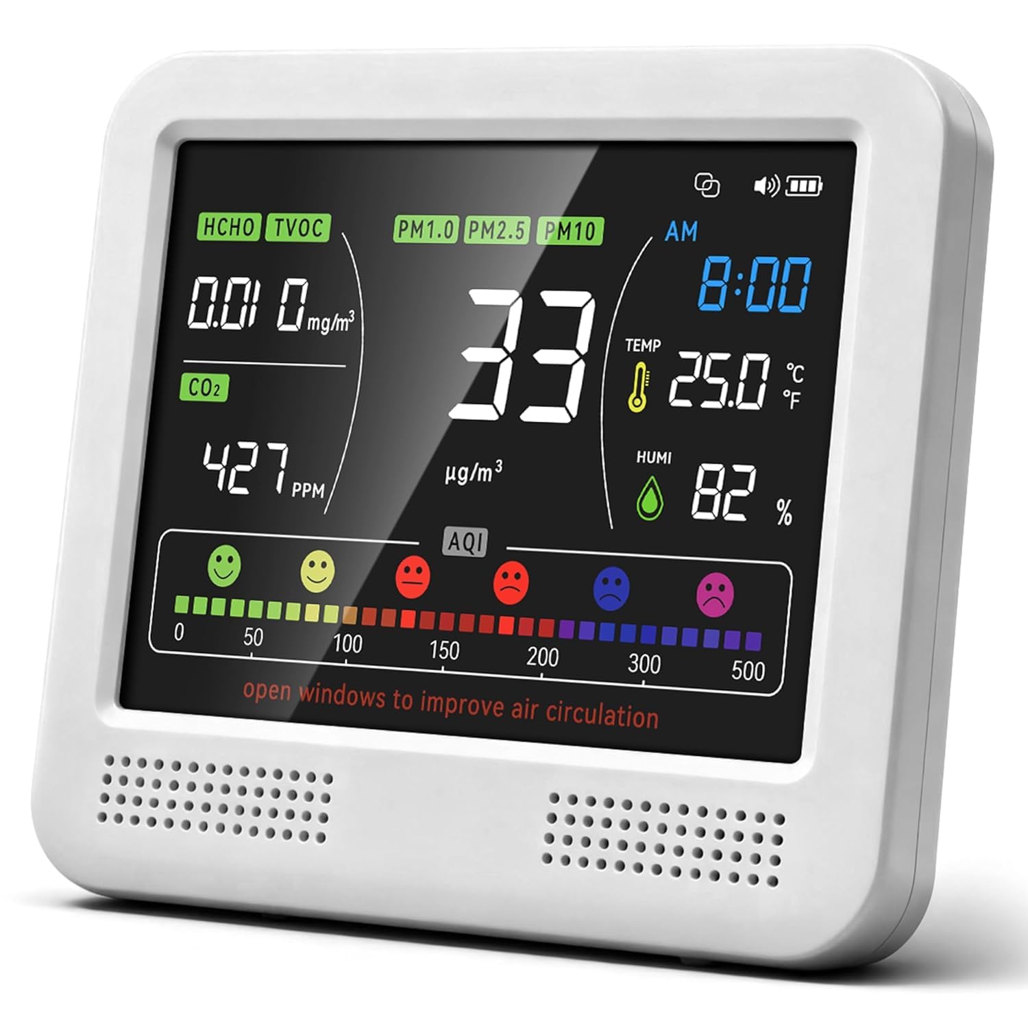Monitor profesional de calidad del aire interior 16 en 1 con alertas de AQI de 7 niveles, batería de 10 horas de CO2 de alta precisión, PM1.0/2.5/10, HCHO, TVOC, medidor de temperatura y humedad para