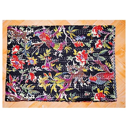 Indisk bomull överkast filt vintage kantha täcke handgjord vändbar sängöverkast sängdekor, etnisk bomull lakan gudari vändbar kantha täcke, indisk kantha-täcke, återvunnet hantverk, vintage kantha fågeltryck tvillingstorlek kantha täcke turkos, kantha-filt, sängöverdrag, tvilling kantha sängöverkast, bohemiska sängkläder av Online Big Bazar