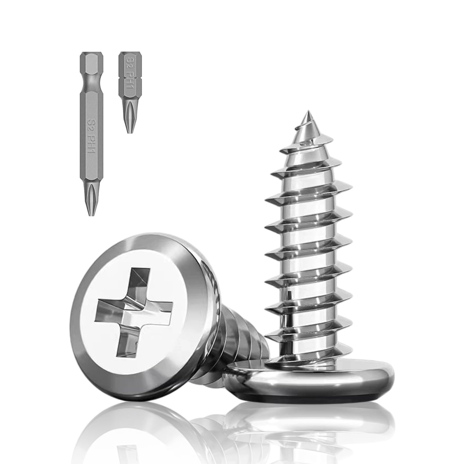 30Pcs M4 x 16mm Flat Head Self-Tapping Screws, 304 Stainless Steel Phillips Drive Fastener Screws, Cross Drive Self Drilling Screws 2 Bits for Wood, Furniture and DIY Projects