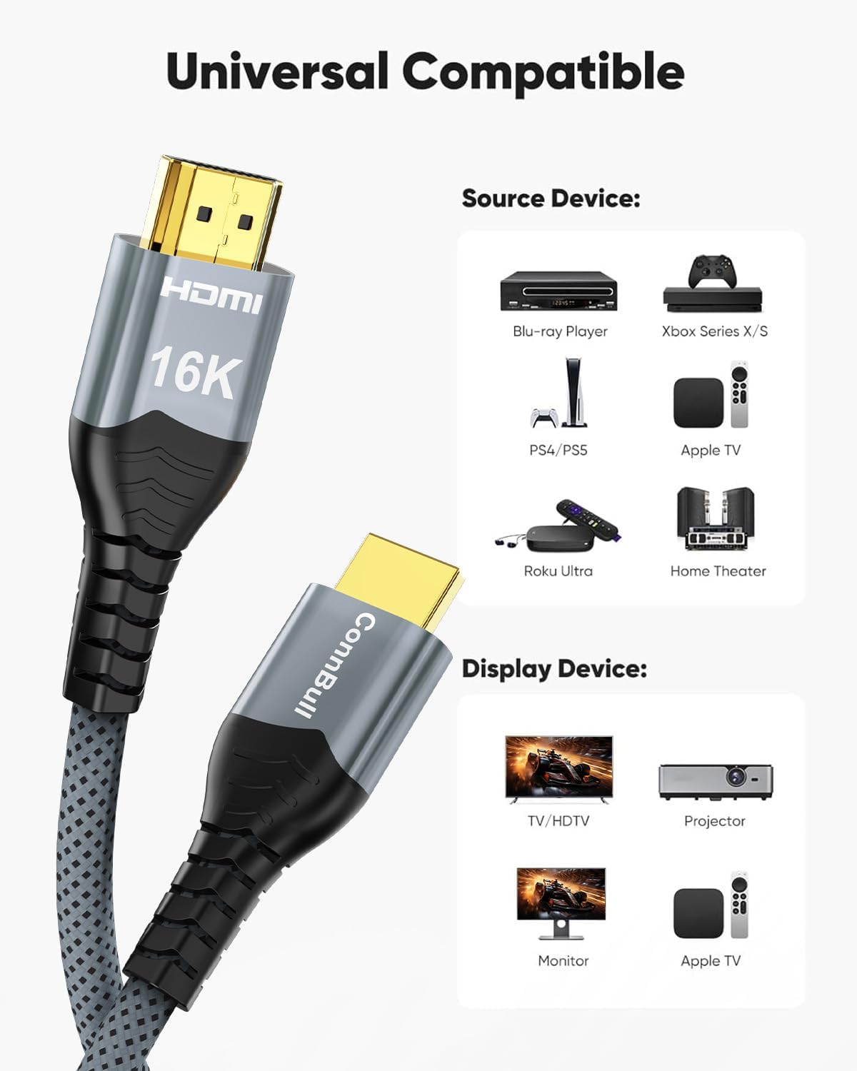 16K HDMI 2.2 Cable 96Gbps 16.4FT/5M, Ultra High Speed HDMI Braided Cord Support 4K@480Hz 8K@240Hz, HDCP 2.2&2.3, Dynamic HDR, eARC,DTS:X, Compatible with Roku TV/HDTV/PS5/Blu-ray - Image 6
