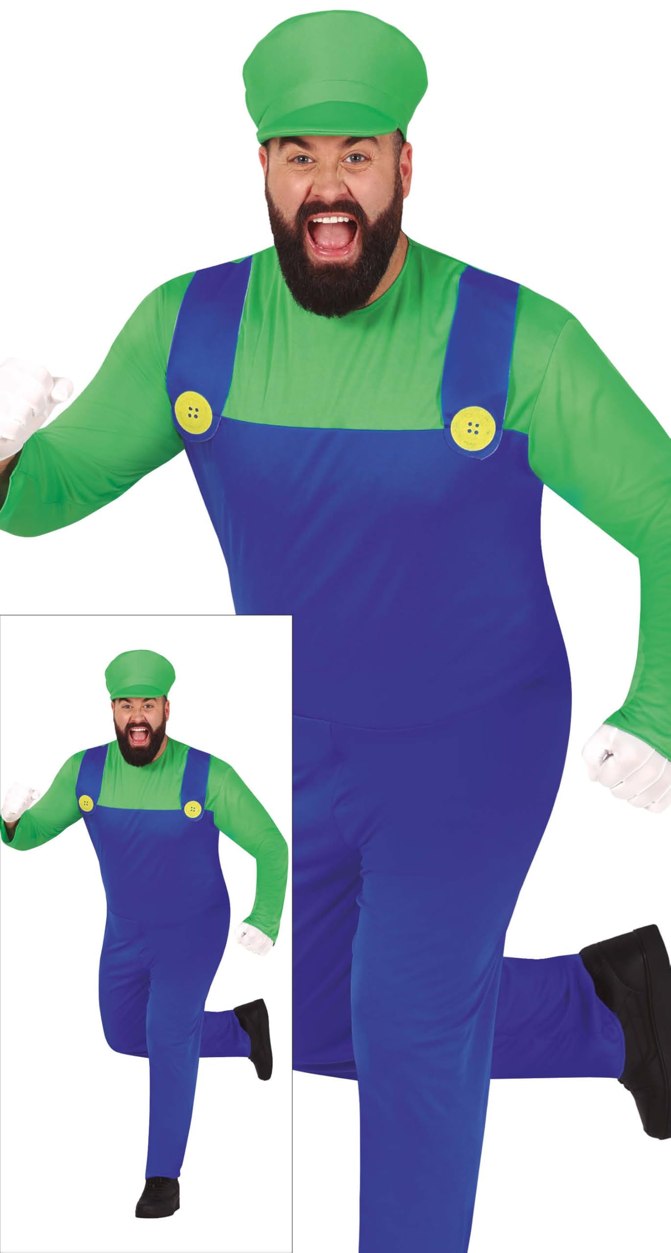 FIESTAS GUIRCA Green Plumber Hero Mens Fancy Dress Costume - Green Cap and Super Mechanic Jumpsuit - Video Game Fancy Dress Men Size XXL