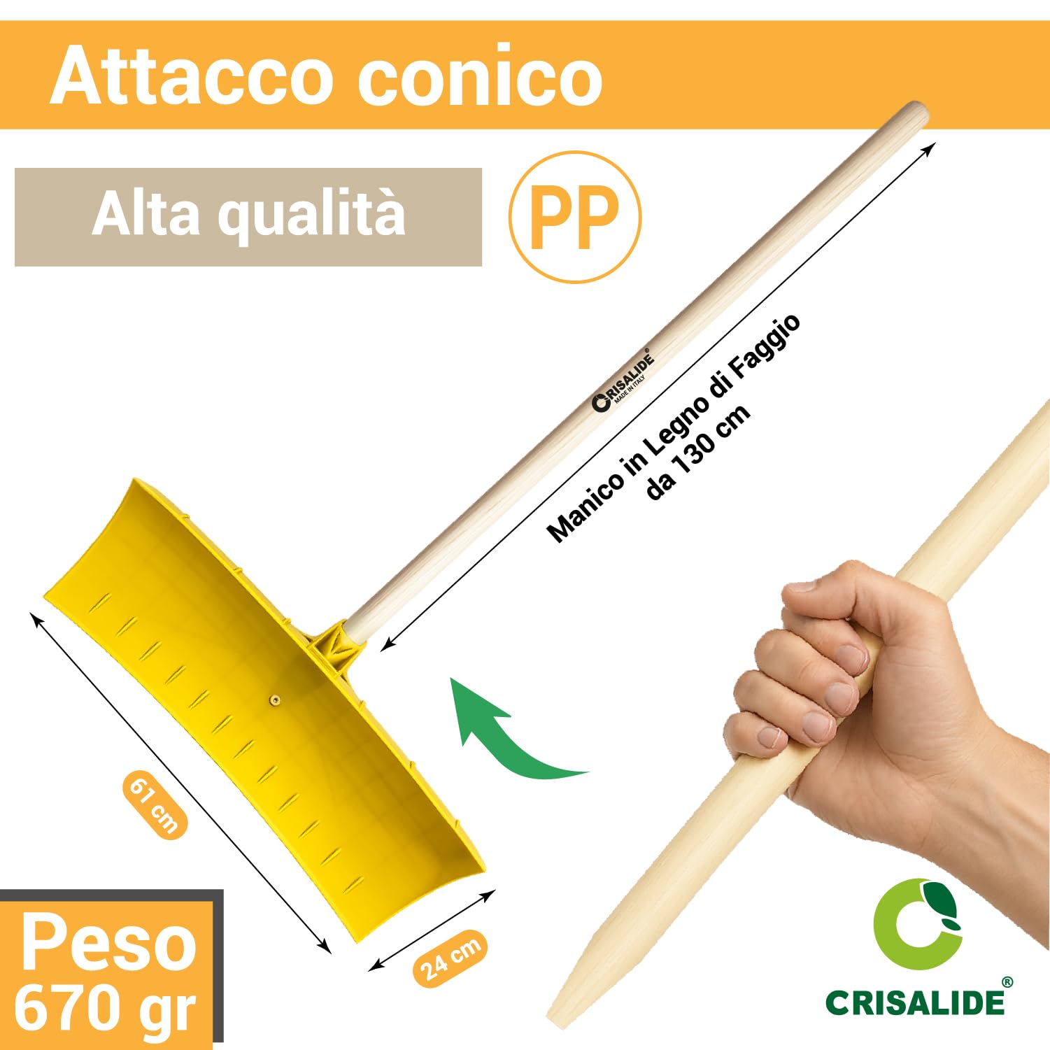 Crisalide® - Pala da Neve con Manico 130 cm in Legno di Faggio – Spingi Neve Multiuso 61 cm in Polipropilene PP, Peso 670 g – Pala Spingineve per Neve, Cereali, Ghiaia e Fango per Vialetti Cortili