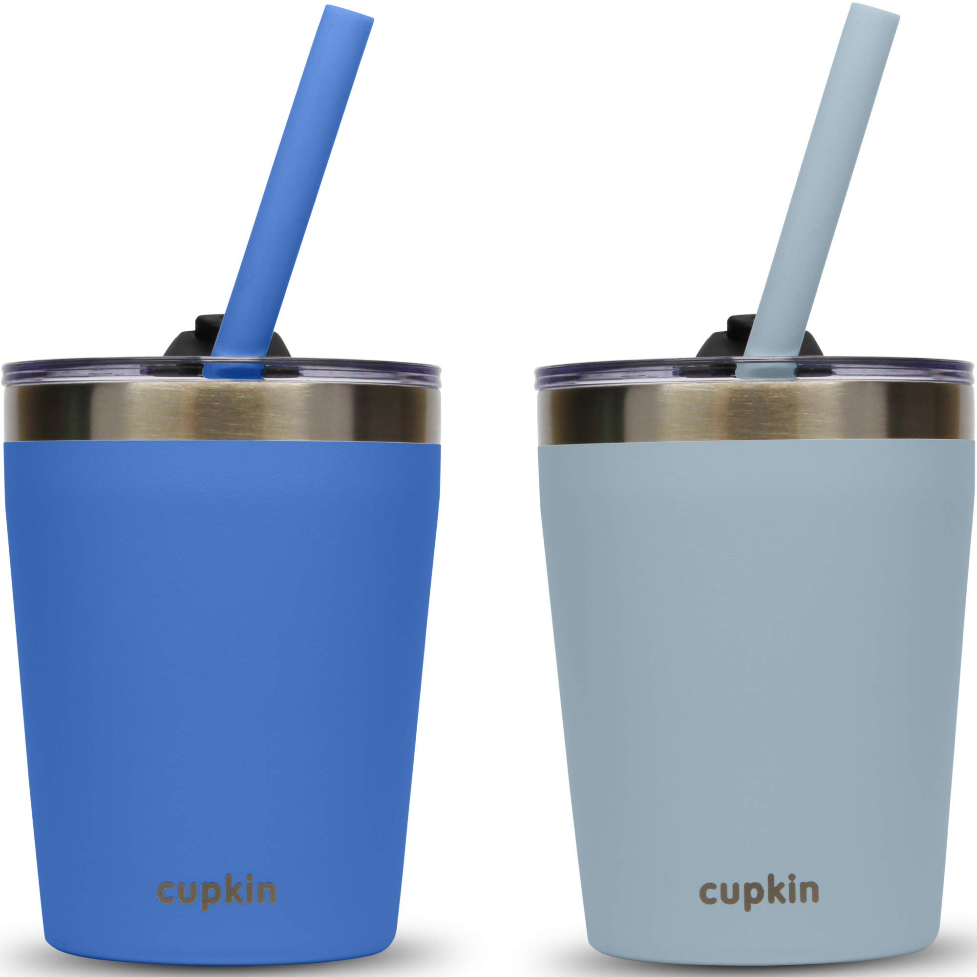 Stackable Stainless Steel Toddler Straw Cups for Kids (with Tiny Hands) - Set of 2 Powder Coated 8 oz Vacuum Insulated Tumblers, 2 Non BPA Lids + 2 Food Grade Reusable Silicone Straws (Blue + Gray)
