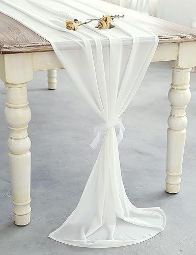 Miniatura 4 de SHERWAY Camino de mesa de boda de gasa blanca de 27 x 216 pulgadas, extra largo de 18 pies, mantel blanco para mesa, decoración rústica de boda,
