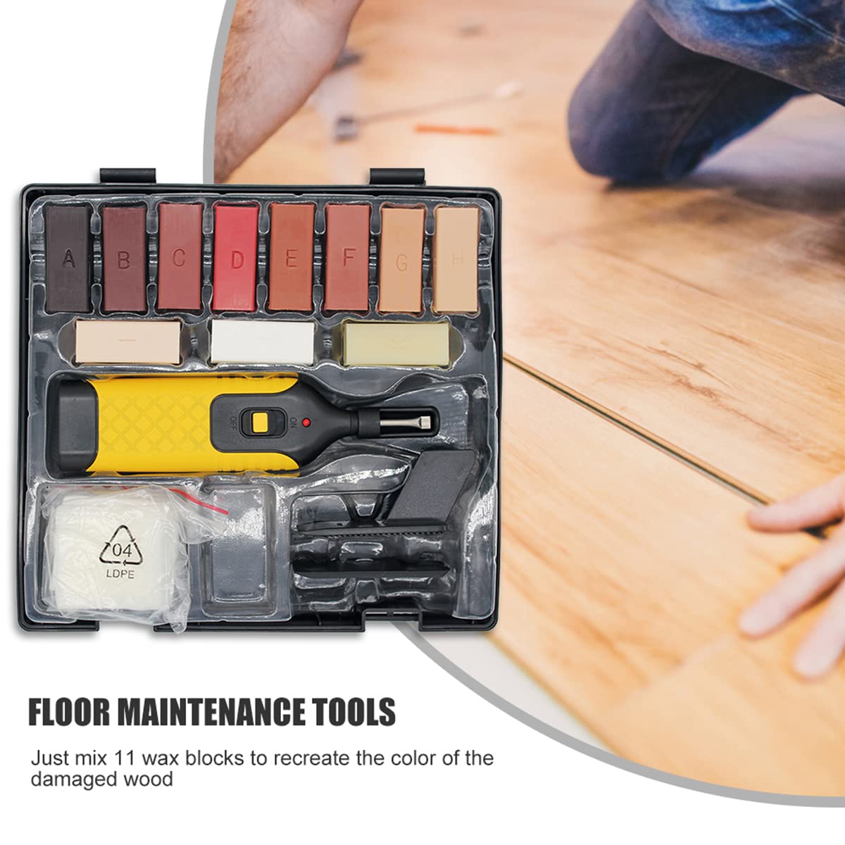 Kit de reparación de suelo laminado, herramientas de reparación de instalación de suelo con 11 bloques de madera de cera para reparar laminados, suelos, gabinetes de cocina, tablas de madera