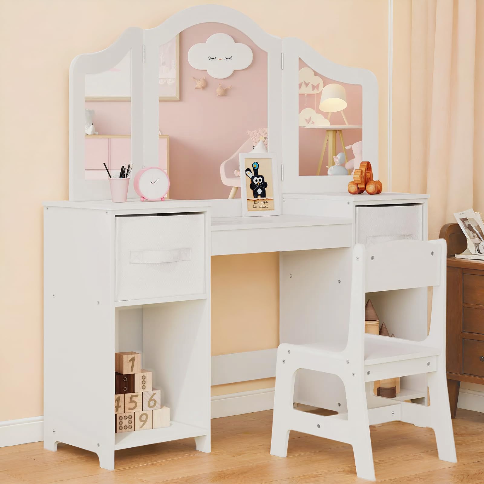 arlopu kids vanity set 2 in 1 princess makeup dressing table wdetachable tri-fold mirror girl wooden pretend play makeup desk dressing table white