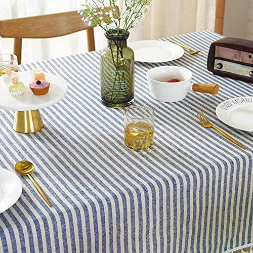 Meioro Rectangle Striped Tassels Tablecloth Cotton Linen Stain And Wrinkle Resistant Washable Squaretable Cloth Cover For Indoor Or Outdoor Events & Parties(Blue& White 55X55 Inch) #TOP4