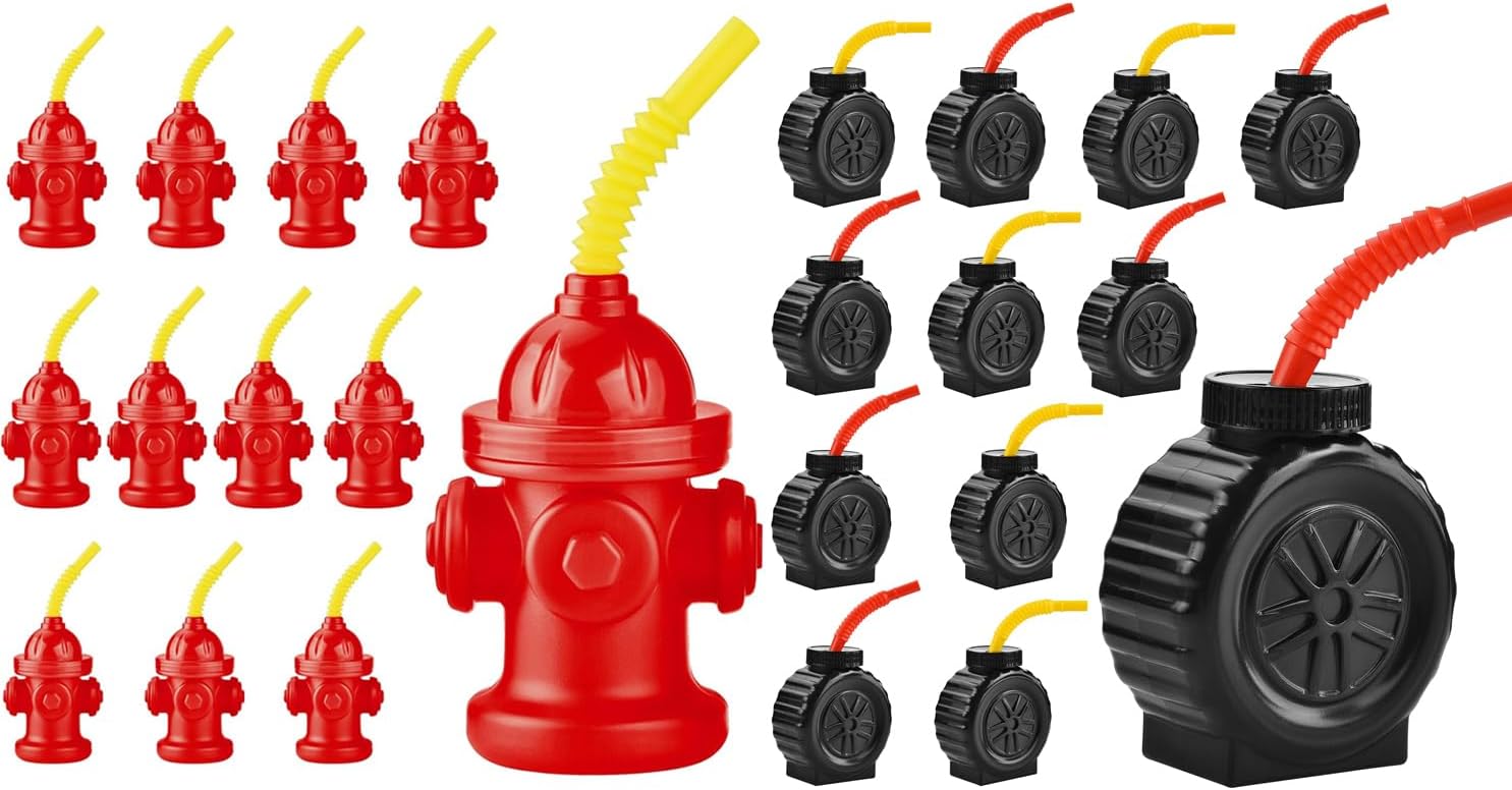 ALINK 12 PCS Fire Hydrant Cups with Straws and 12PCS Monster Truck Cups with Straws