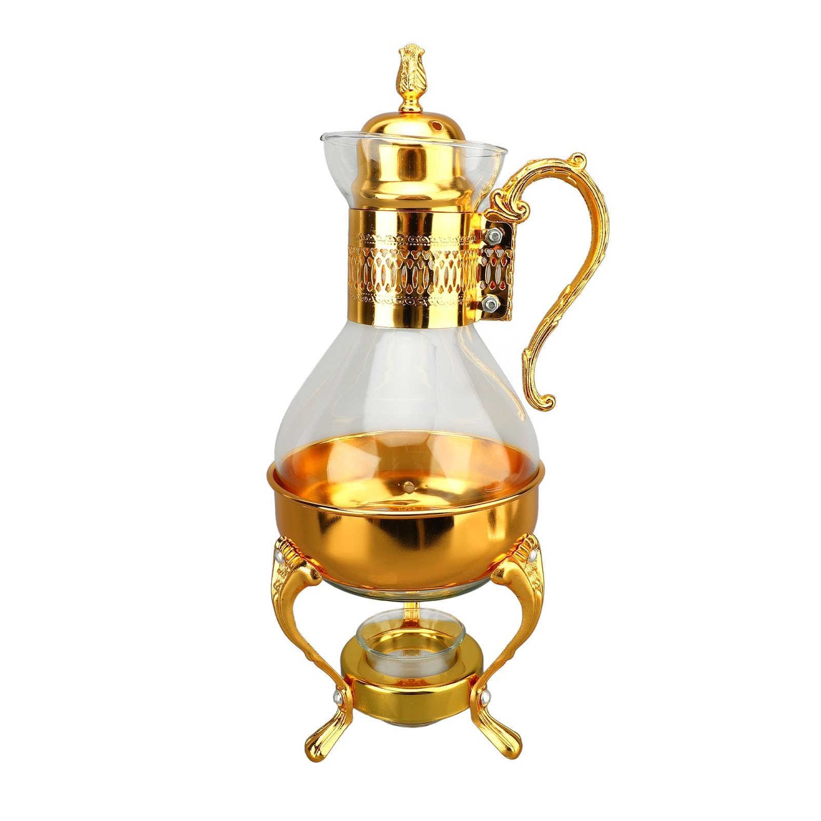 Glas-Set, Glas-Kaffeekanne, Glas- mit Stövchen, türkische, Vintage-Stil, Teekessel, klare Glas- mit Deckel und Tasse (Gold)