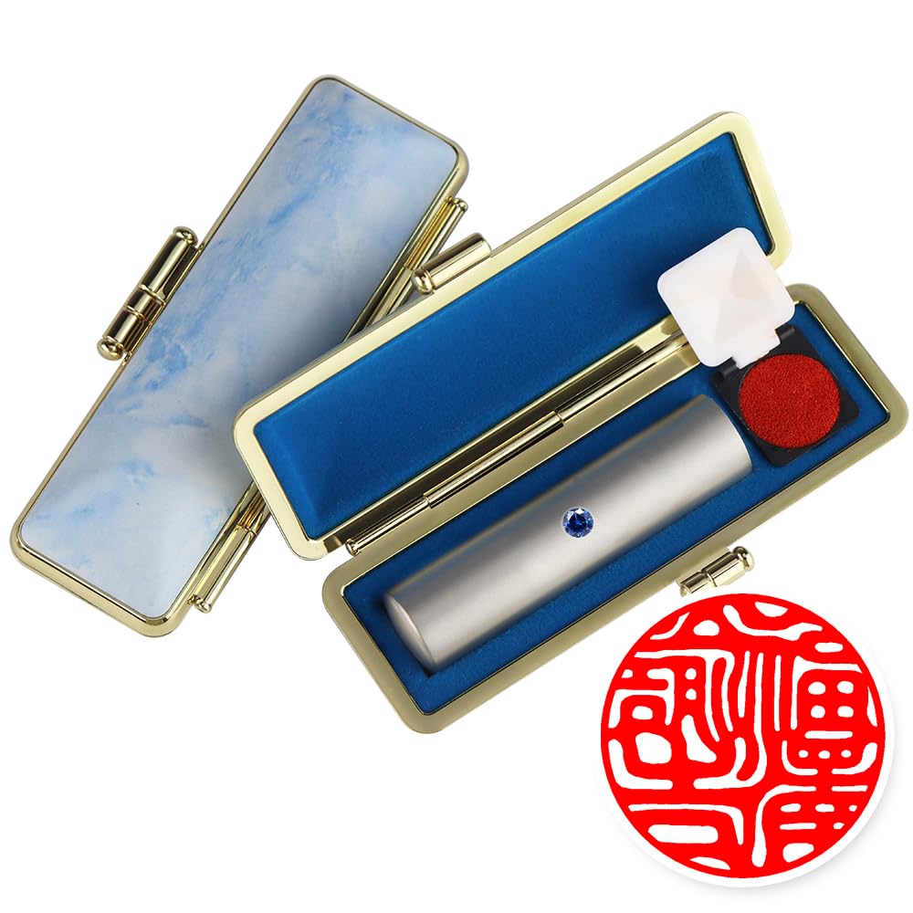 Hankoster Name Sign, Bank Stamp, Women's Impression, Silver Titanium, Silver Dog, Personalized Gift, Comes with Ink Ink, Cute Stamp Case, Easy to Press, Metal, Present, with Bar, Marble Handle (Indigo