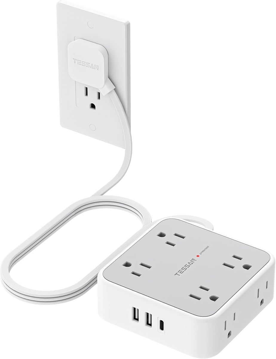 TESSAN Surge Protector Power Strip, 5 Ft Flat Plug Extension Cord with 3 USB (1 USB C) 8 Outlets, 1250W, 900J Protection, 3 Sided Outlet Extender with Power Switch for Office, Dorm Room Essentials