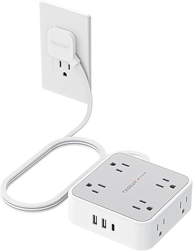 TESSAN Surge Protector Power Strip, 5 Ft Flat Plug Extension Cord with 3 USB (1 USB C) 8 Outlets, 1250W, 900J Protection, 3 Sided Outlet Extender with Power Switch for Office, Dorm Room Essentials