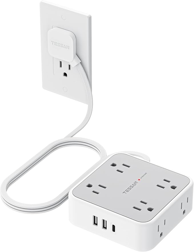 TESSAN Surge Protector Power Strip, 5 Ft Flat Plug Extension Cord with 3 USB (1 USB C) 8 Outlets, 1250W, 900J Protection, 3 Sided Outlet Extender with Power Switch for Office, Dorm Room Essentials