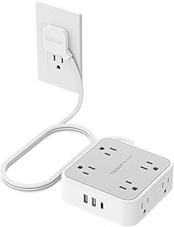 Surge Protector Power Strip, 5 Ft Flat Plug Extension Cord with 3 USB (1 USB C) 8 Outlets, 1250W, 900J Protection, 3 Sided Outlet Extender with Power Switch for Office, Dorm Room Essentials